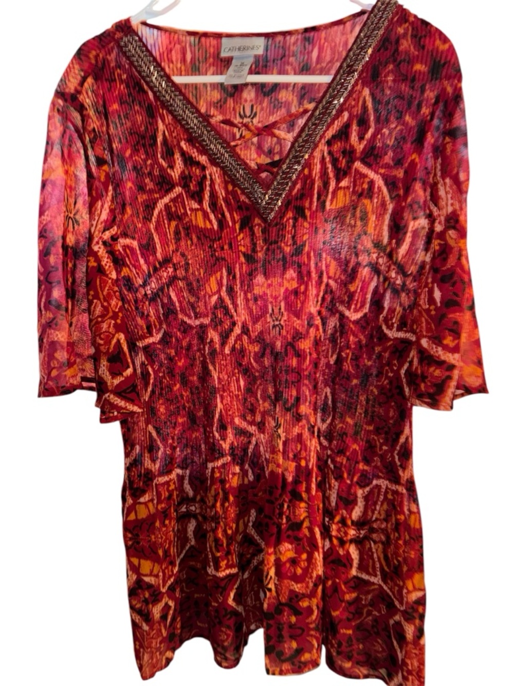 Catherines Rust Orange Patterned V-Neck Women's Top